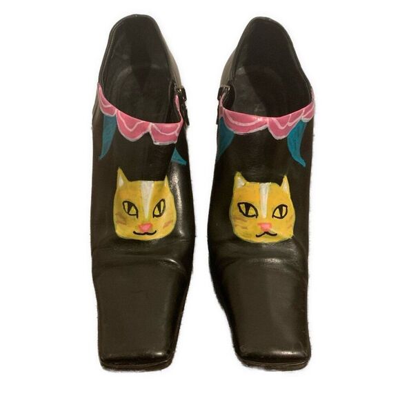 Prada Authentic Black Leather Bespoke Cat Print Painted Booties Boots Heels 8 - Picture 1 of 8